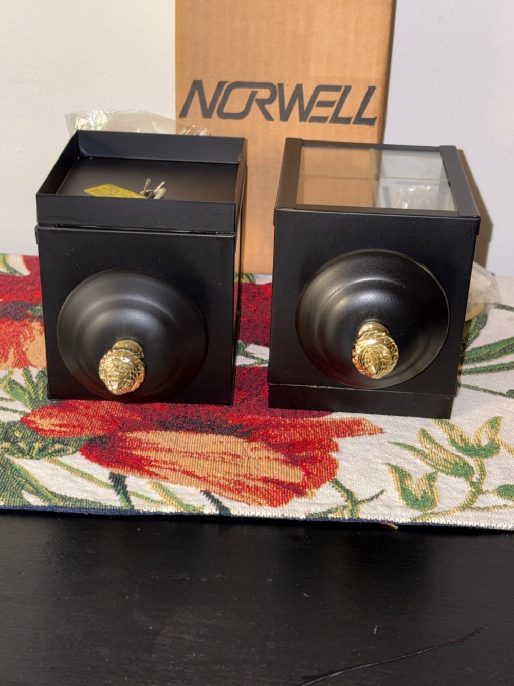 Pair of Black Outdoor Lantern Wall Sconces Lights with Gold Finials Norwell - Picture 5 of 11